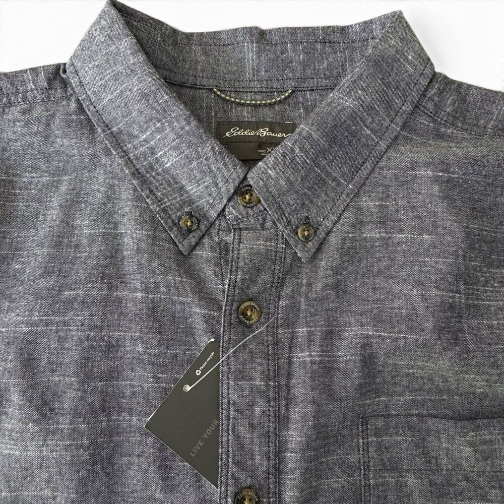Eddie Bauer Button Up Shirt Men XXL Gray Blue Chambray NWT Short Sleeve Cotton - Picture 4 of 14